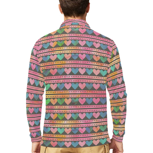 Heart Pattern Print Design HE010 Long Sleeve Polo Shirt For Men's