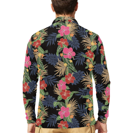 Hawaiian Themed Pattern Print Design H011 Long Sleeve Polo Shirt For Men's