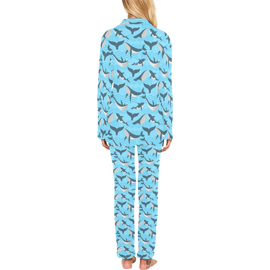 Whale Pattern Design Themed Print Women's Long Pajama Set