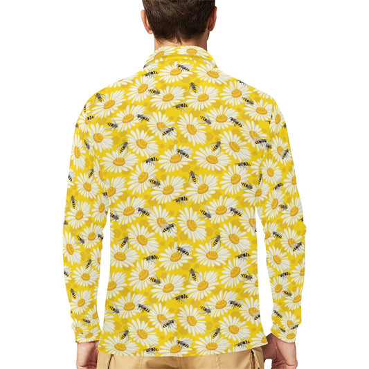 Bee Daisy Pattern Print Design 06 Long Sleeve Polo Shirt For Men's