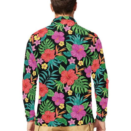 Hibiscus Red Hawaiian Flower Long Sleeve Polo Shirt For Men's