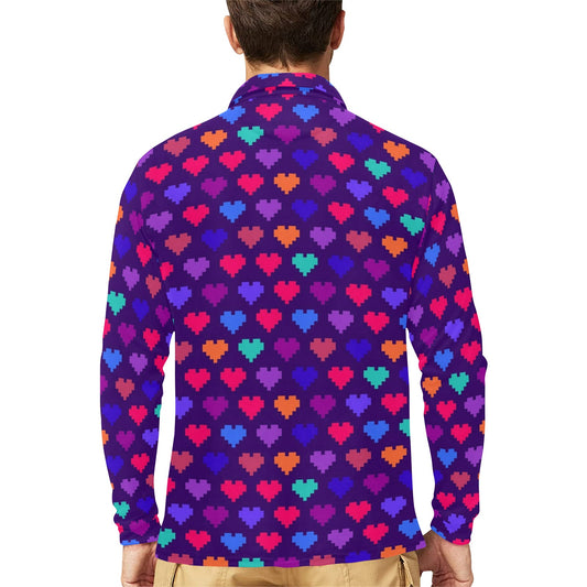 Heart Pixel Pattern Print Design HE03 Long Sleeve Polo Shirt For Men's