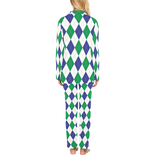 Argyle Green Blue Pattern Print Design 03 Women's Long Pajama Set