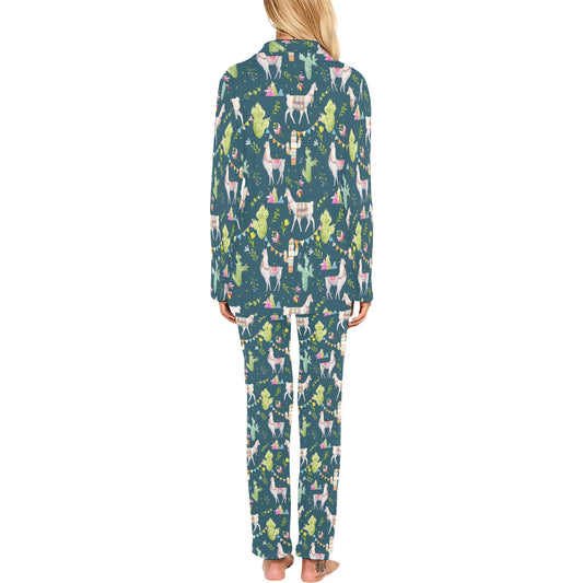 Llama with Cactus Design Print Women's Long Pajama Set