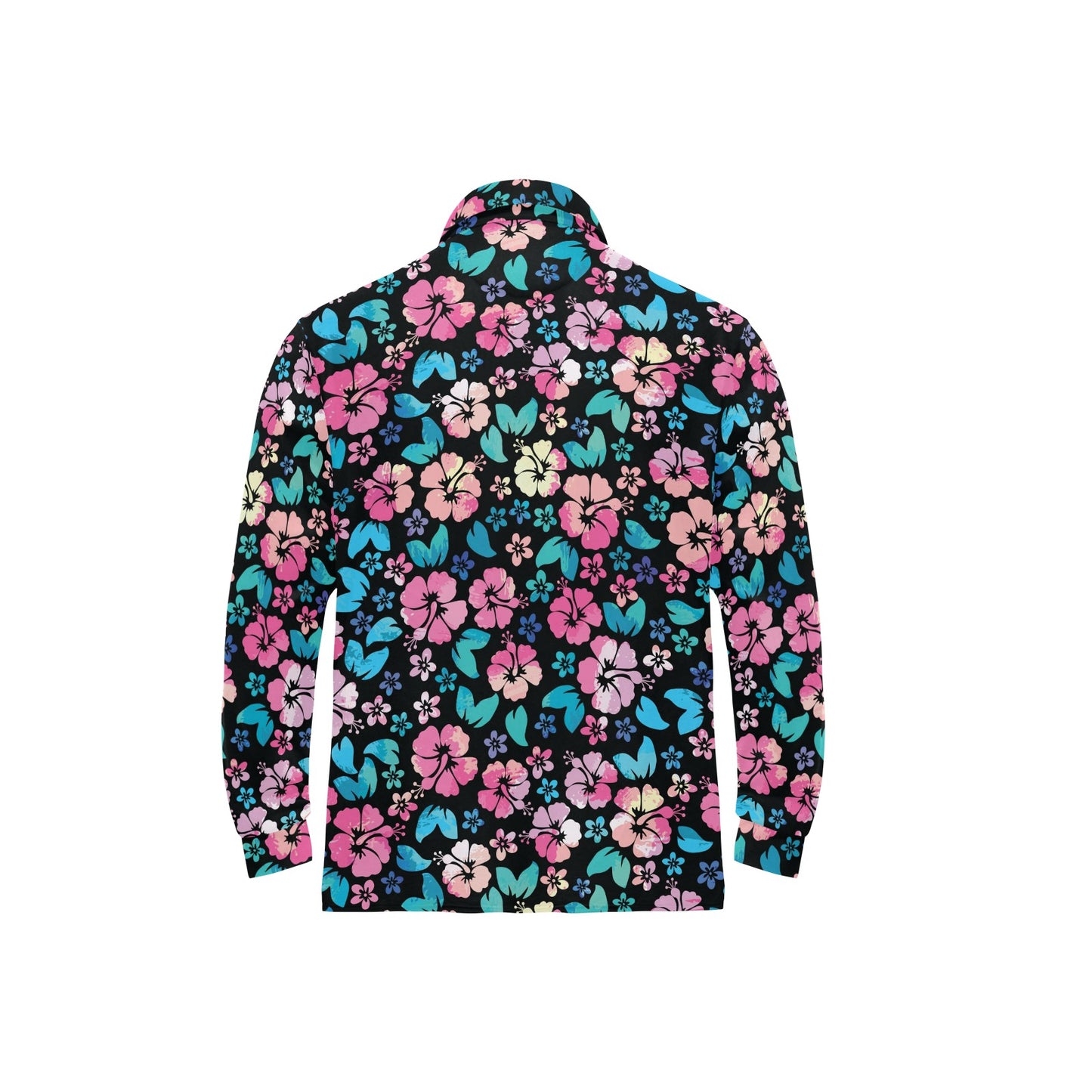 Pink Hibiscus Hawaiian Flower Long Sleeve Polo Shirt For Men's