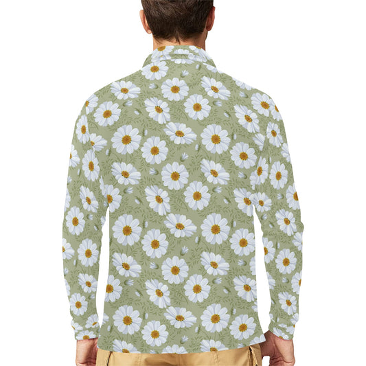 Daisy Yellow Print Pattern Long Sleeve Polo Shirt For Men's