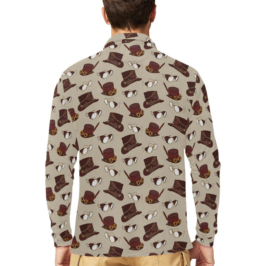 Steampunk Hat Print Design LKS301 Long Sleeve Polo Shirt For Men's