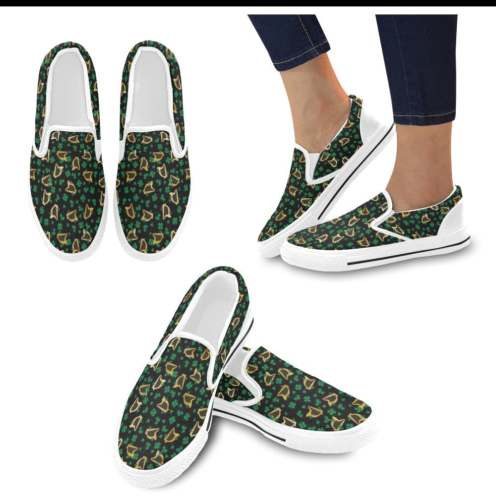 Harp Print Design LKS402 White Slip Ons Canvas Women's Shoes