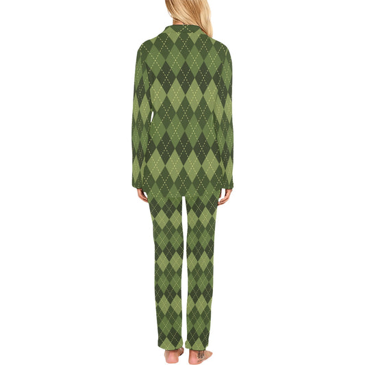 Argyle Green Pattern Print Design 01 Women's Long Pajama Set
