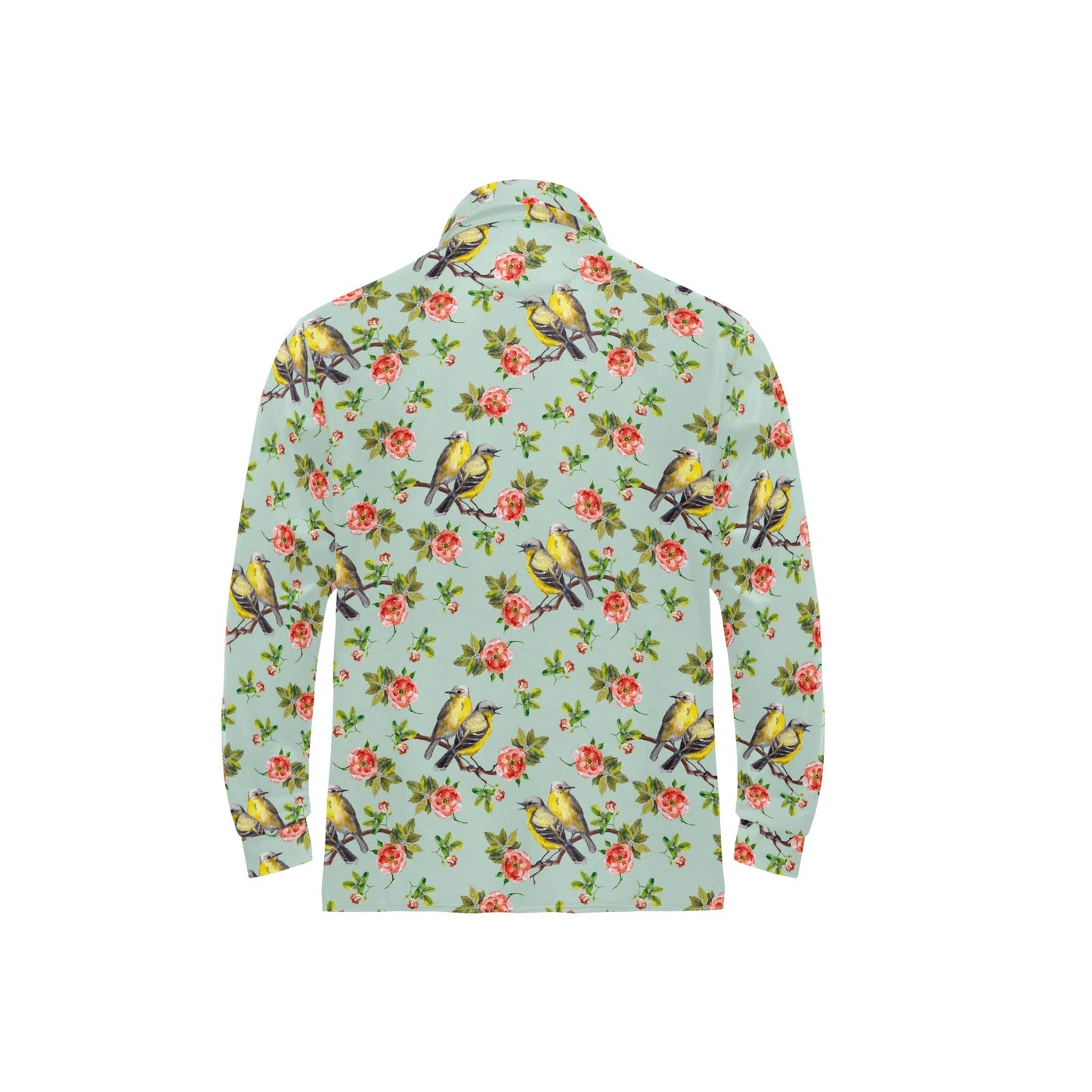 Bird with Red Flower Print Pattern Long Sleeve Polo Shirt For Men's