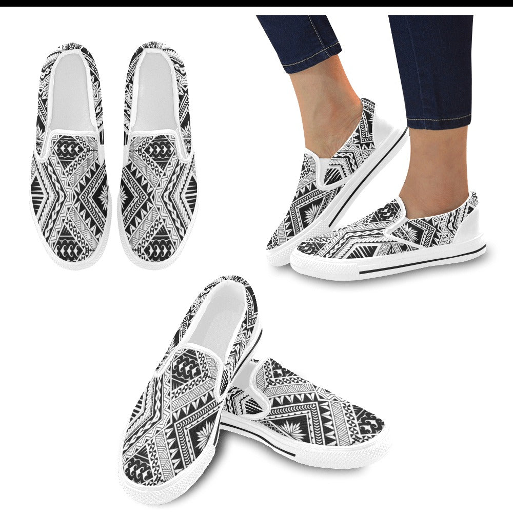Samoan Tattoo Style Print Design LKS307 White Slip Ons Canvas Women's Shoes