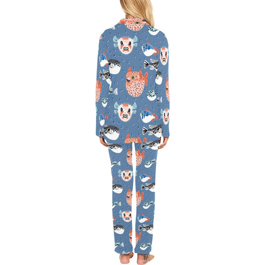 Fugu Pattern Print Design 02 Women's Long Pajama Set
