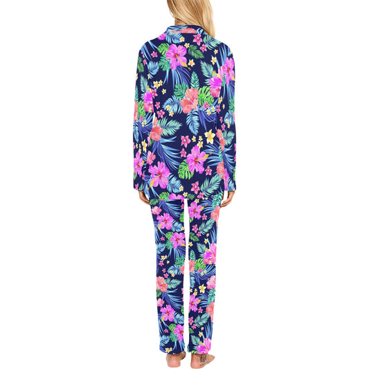 Neon Hibiscus Pattern Print Design HB016 Women's Long Pajama Set