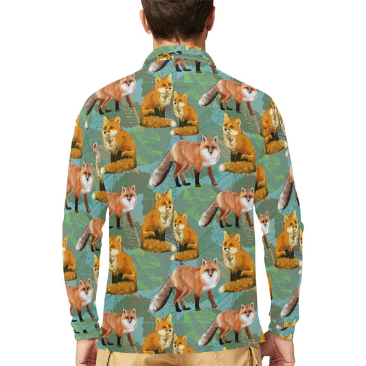 Fox Autumn leaves Themed Long Sleeve Polo Shirt For Men's