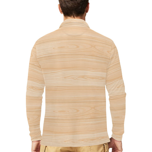 Wood Texture Print Design LKS302 Long Sleeve Polo Shirt For Men's