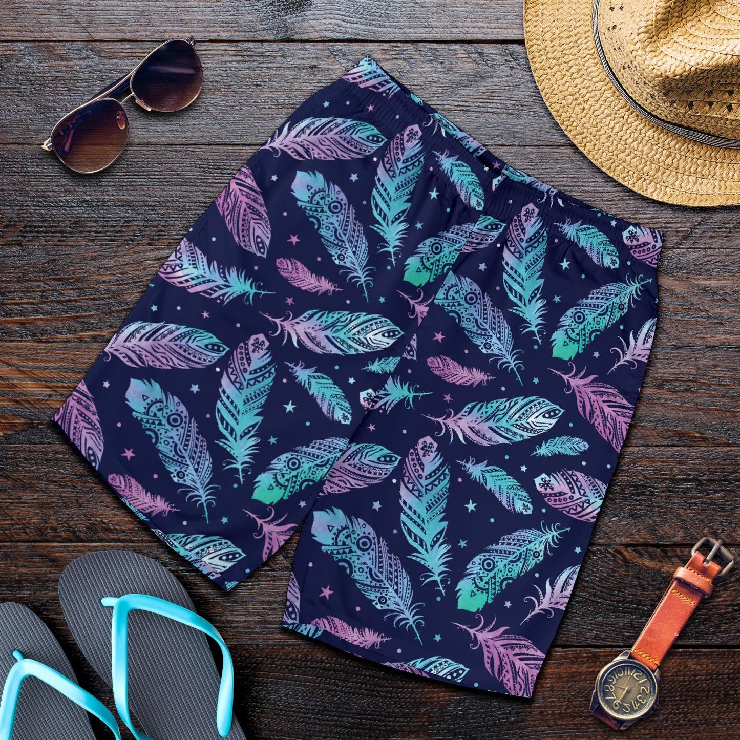 Feather Aztec Design Print Mens Shorts-JTAMIGO.COM