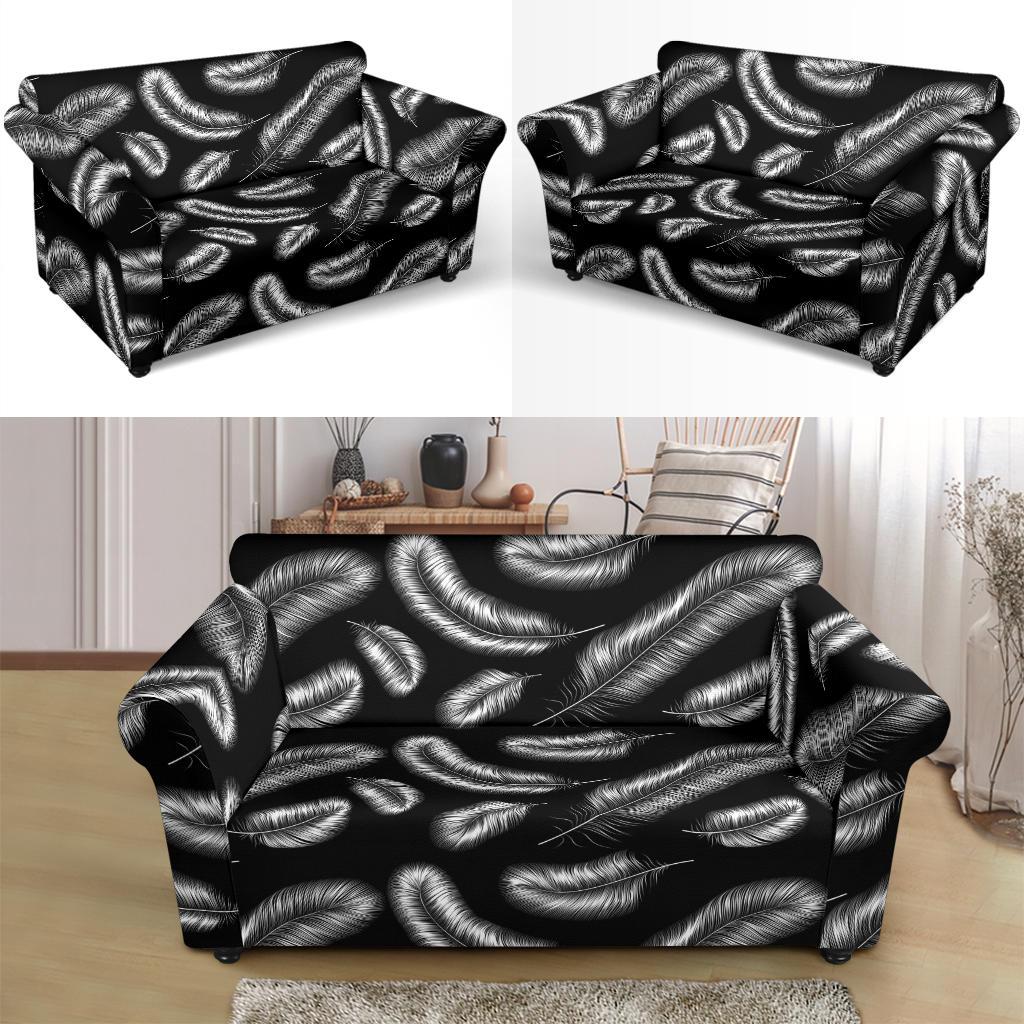 Feather Black White Design Print Loveseat Slipcover-JTAMIGO.COM