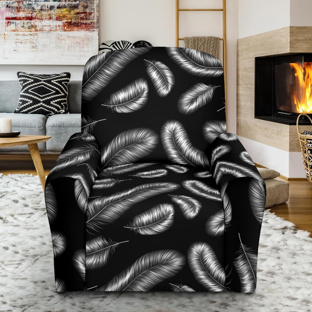 Feather Black White Design Print Single Sofa Slipcover -JTAMIGO.COM