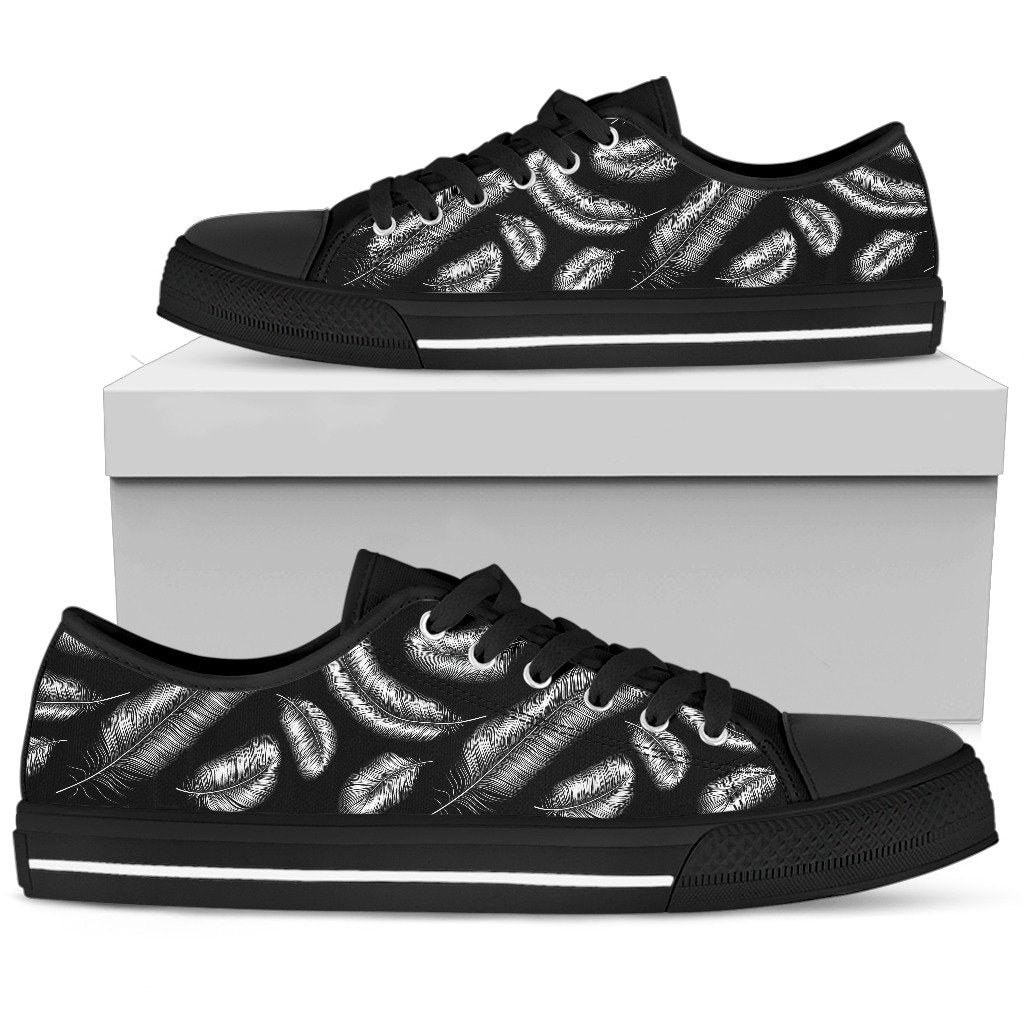 Feather Black White Design Print Women Low Top Shoes