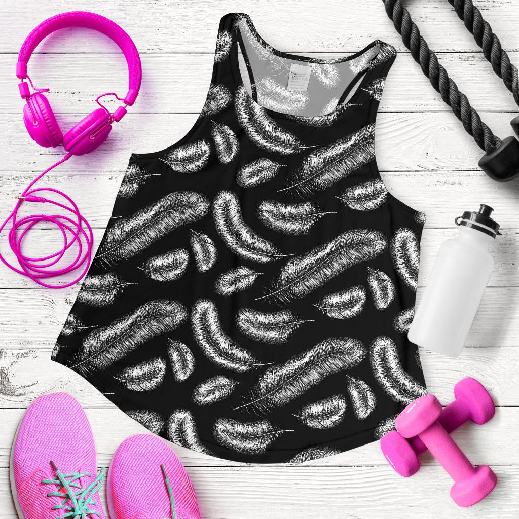 Feather Black White Design Print Women Racerback Tank Top