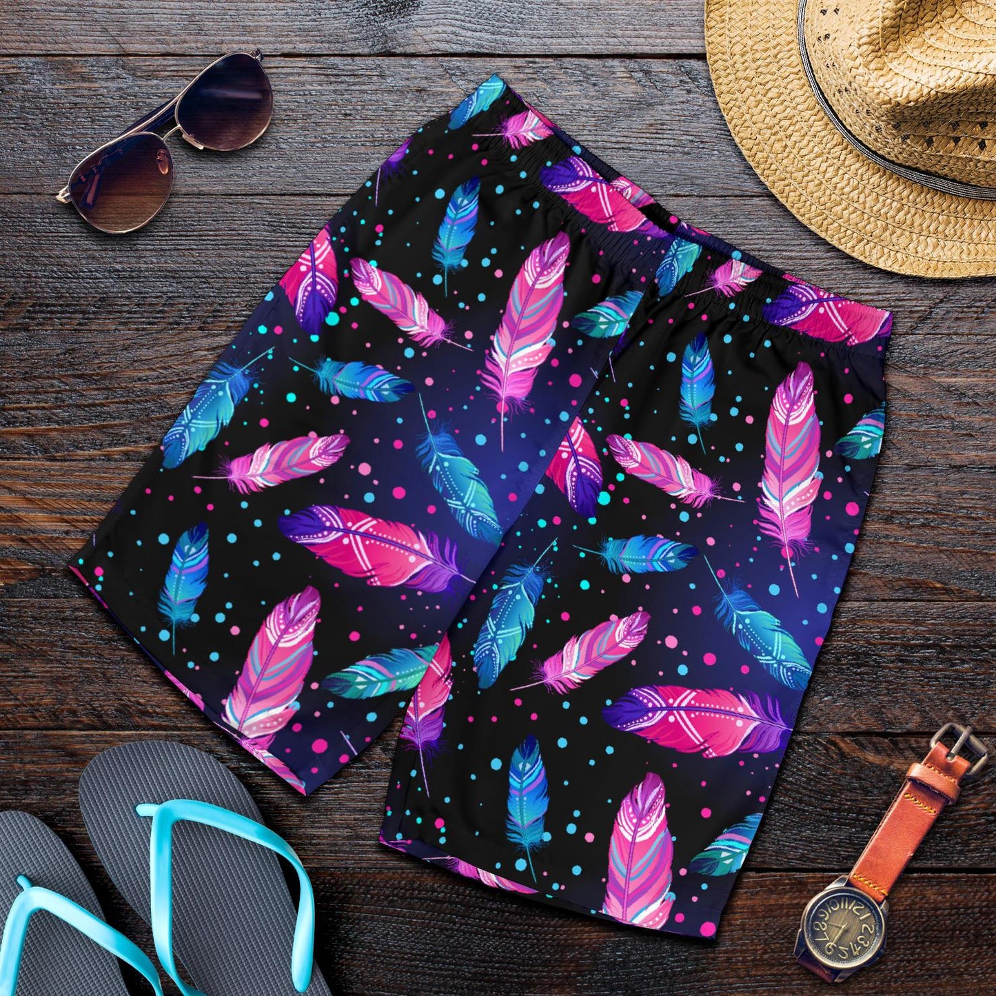 Feather Colorful Boho Design Print Mens Shorts-JTAMIGO.COM