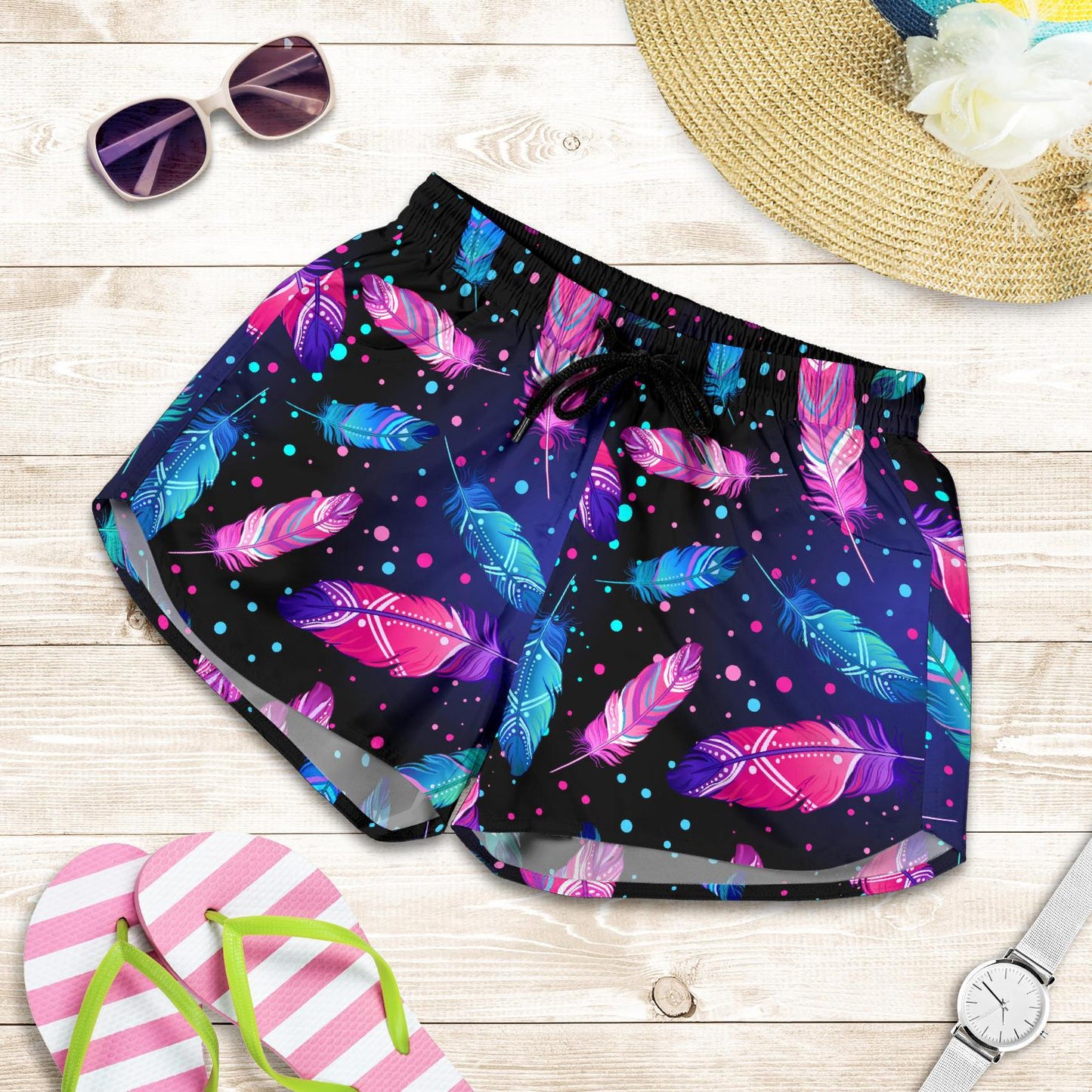 Feather Colorful Boho Design Print Women Shorts-JTAMIGO.COM