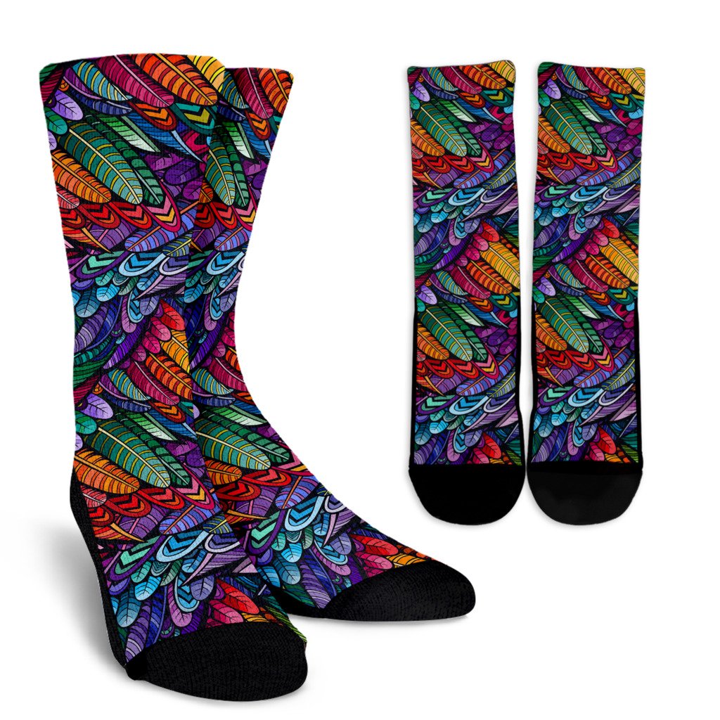 Feather Multicolor Design Print Crew Socks