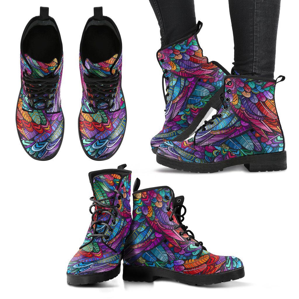 Feather Multicolor Design Print Women Leather Boots-JTAMIGO.COM