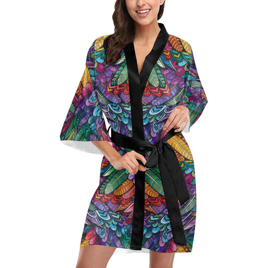 Feather Multicolor Design Print Women Short Kimono Robe