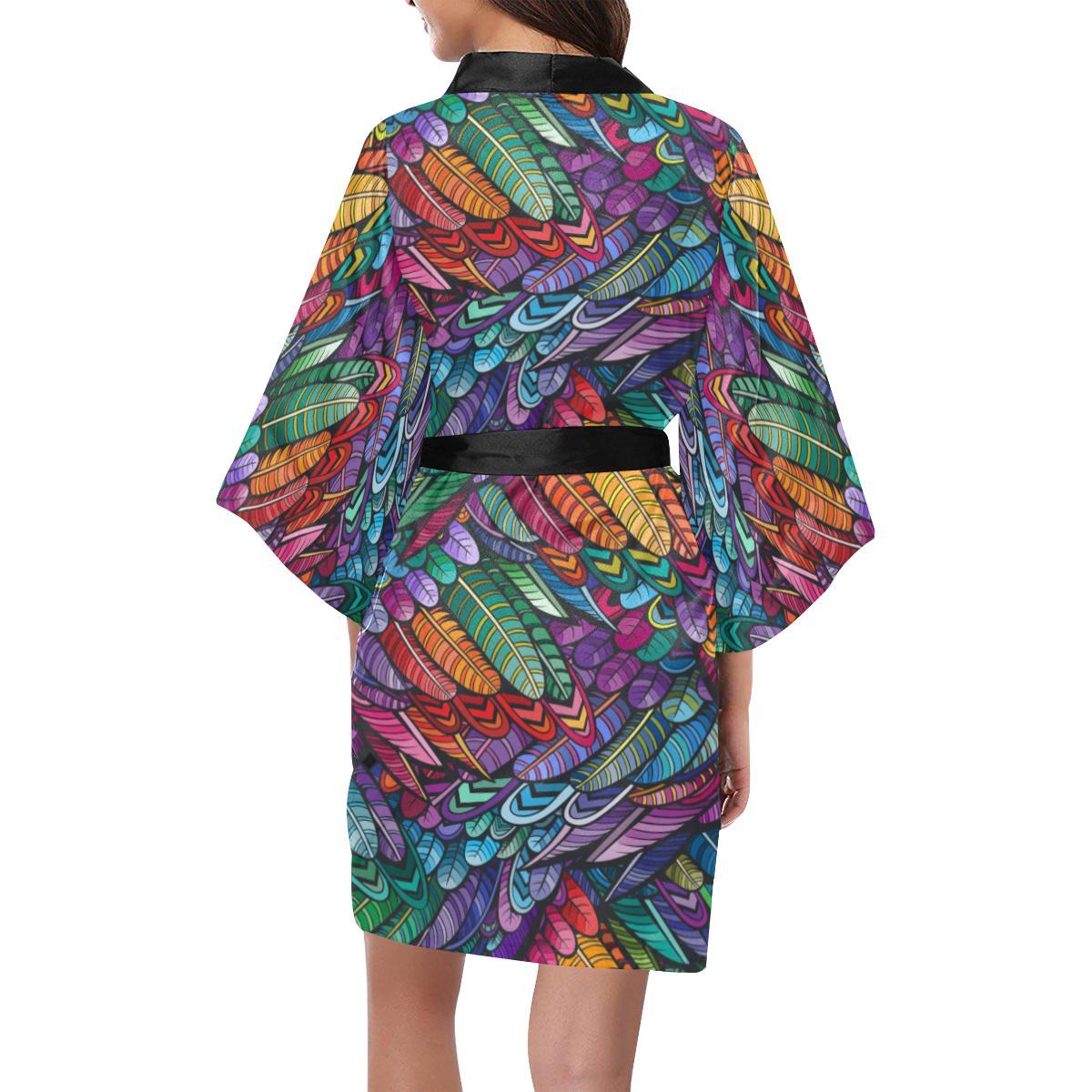 Feather Multicolor Design Print Women Short Kimono Robe