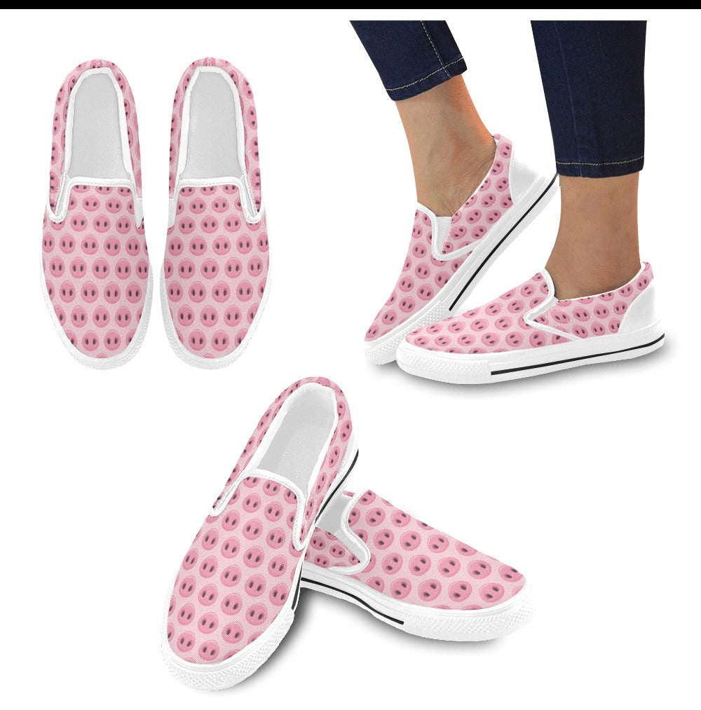 Pig Print Design LKS401 White Slip Ons Canvas Women's Shoes