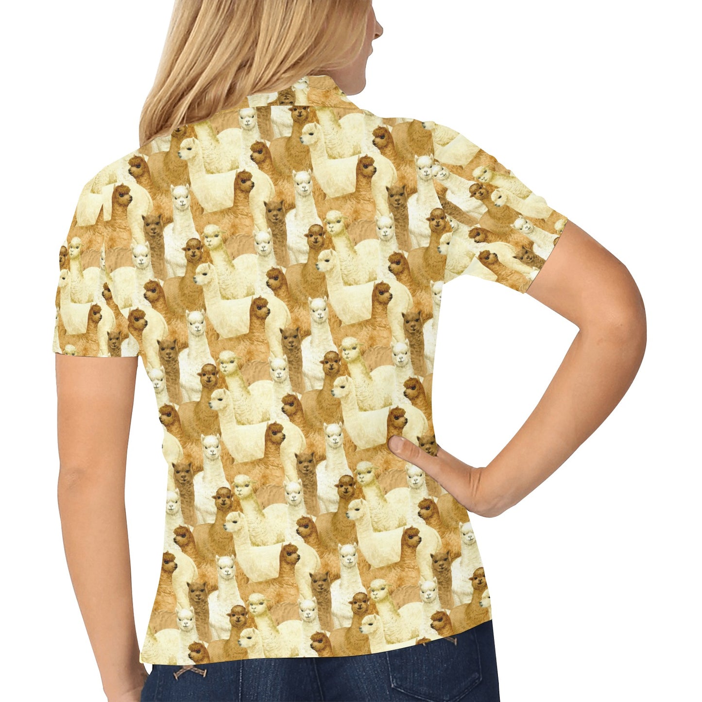 Alpaca Watercolor Design Themed Print Women's Polo Shirt