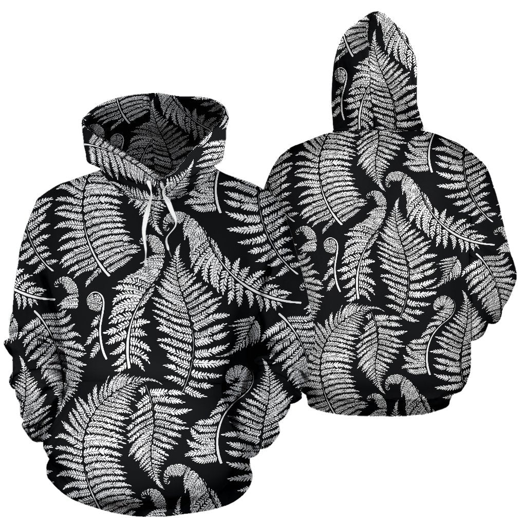 Fern Leave Black White Print Pattern Pullover Hoodie