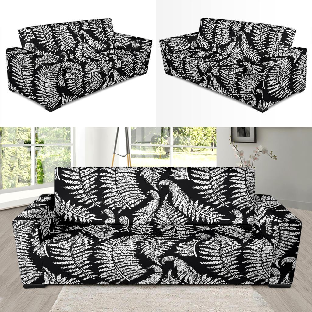 Fern Leave Black White Print Pattern Sofa Slipcover-JTAMIGO.COM