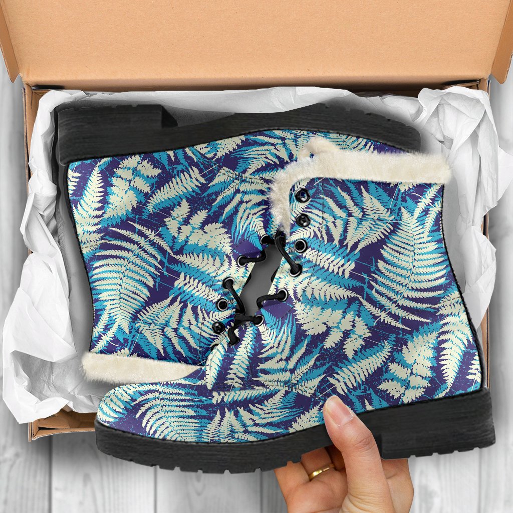 Fern Leave Summer Print Pattern Faux Fur Leather Boots-JTAMIGO.COM