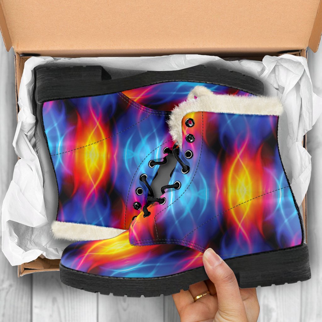 Flame Fire Blue Design Print Faux Fur Leather Boots-JTAMIGO.COM