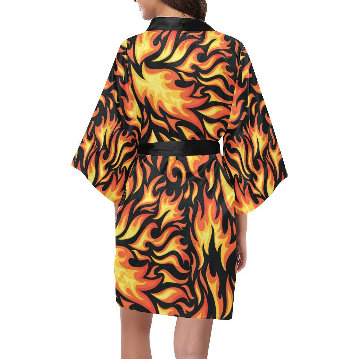 Flame Fire Design Pattern Women Short Kimono Robe