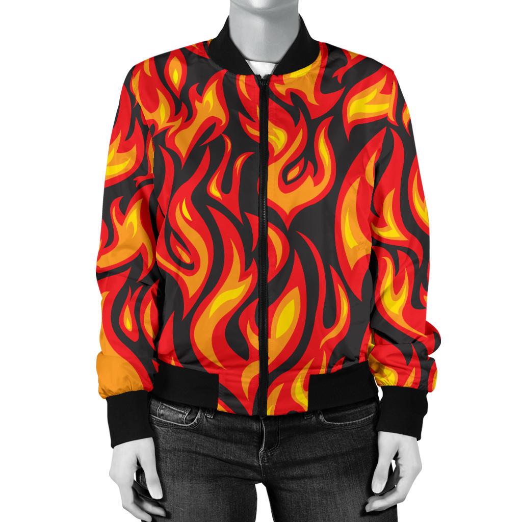 Flame Fire Print Pattern Women Casual Bomber Jacket