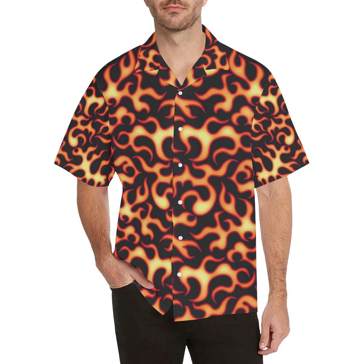 Flame Fire Themed Print Men Aloha Hawaiian Shirt