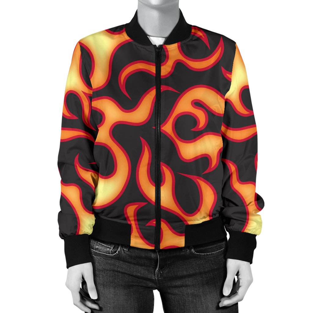Flame Fire Themed Print Women Casual Bomber Jacket