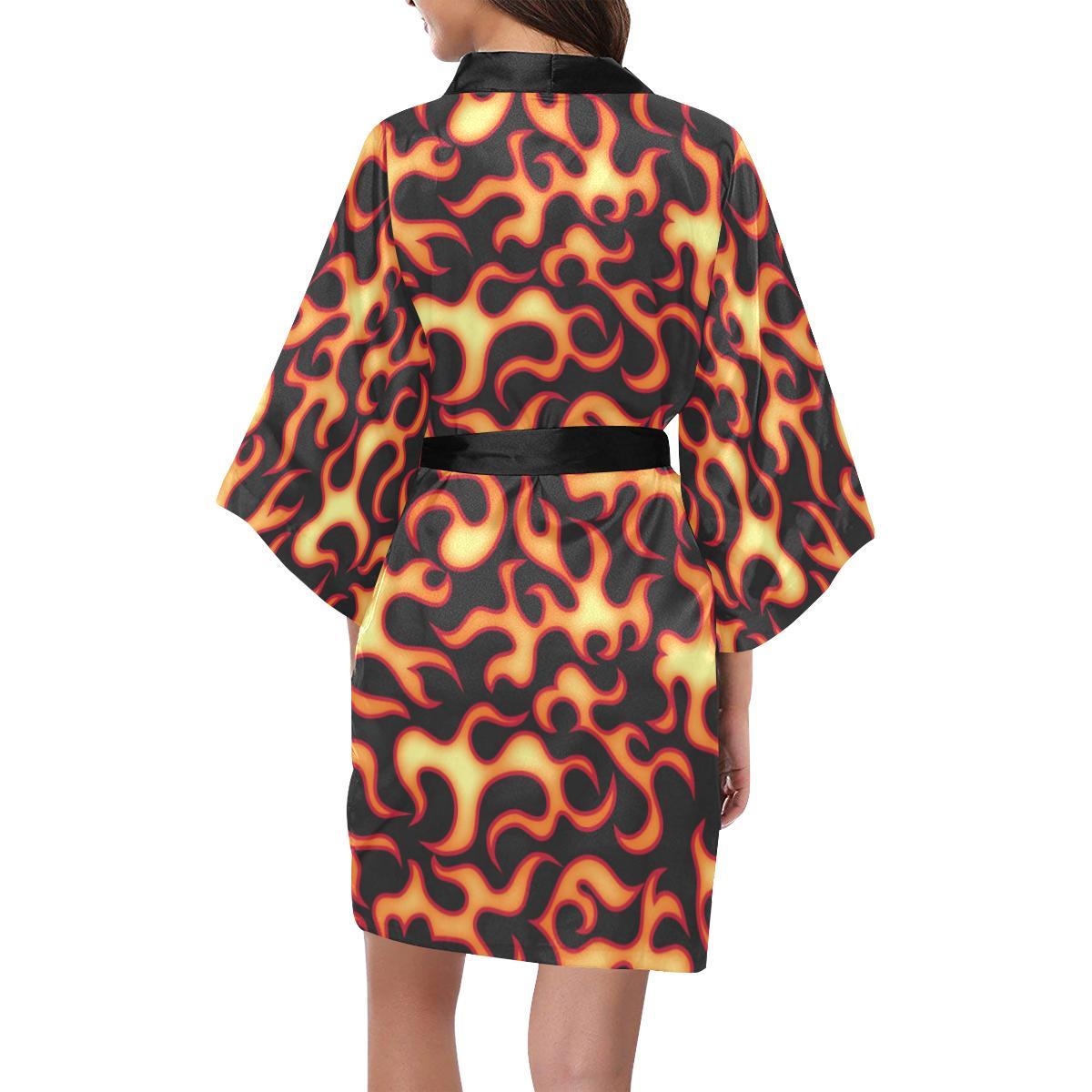 Flame Fire Themed Print Women Short Kimono Robe
