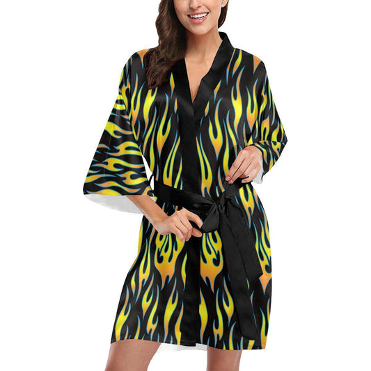 Flame Fire Yellow Pattern Women Short Kimono Robe