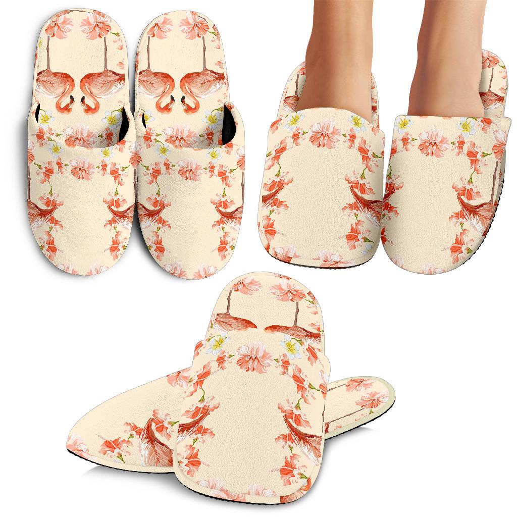 Flamingo Hibiscus Print Pattern House Slippers