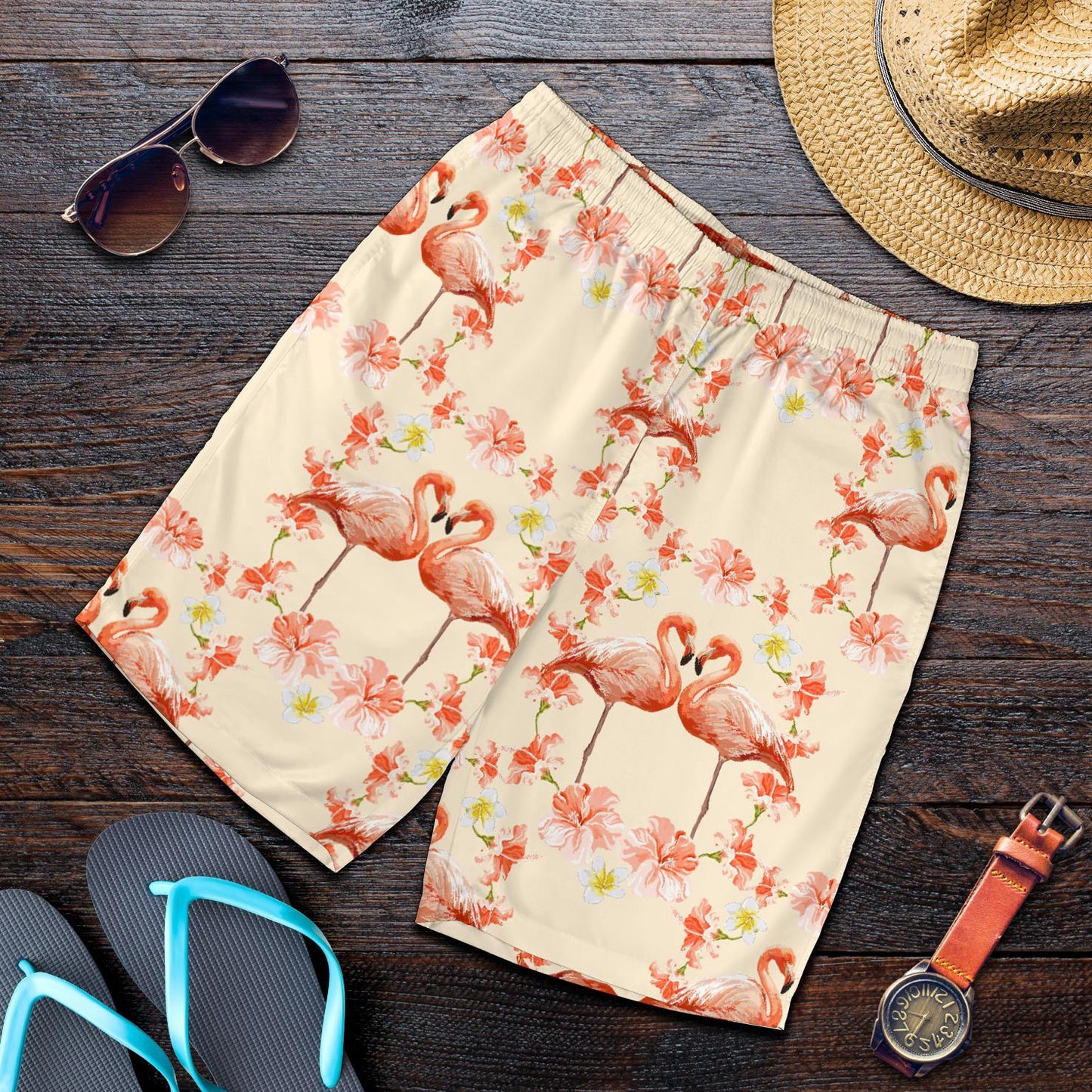 Flamingo Hibiscus Print Pattern Mens Shorts-JTAMIGO.COM