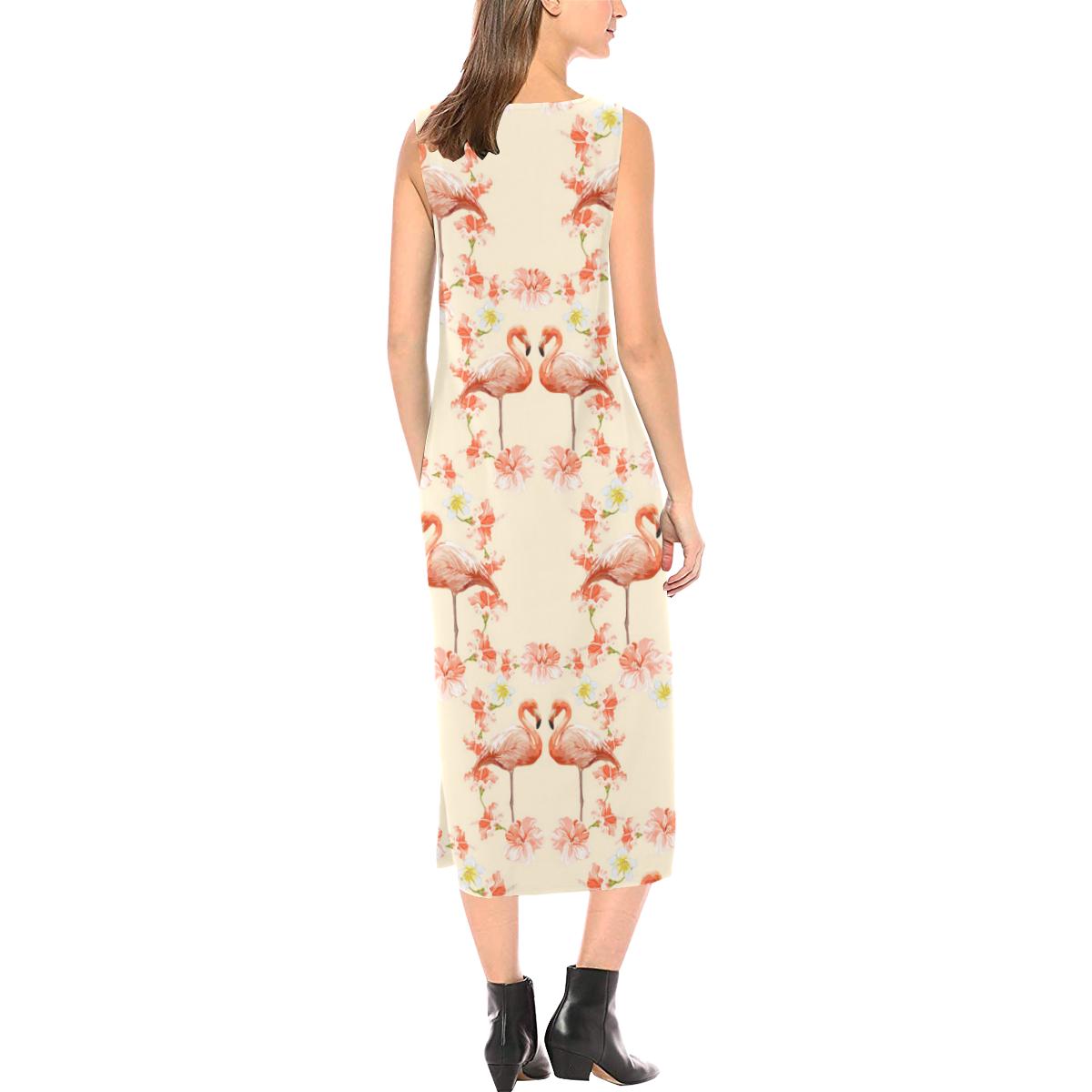 Flamingo Hibiscus Print Pattern Sleeveless Open Fork Long Dress (Model D08)-JTAMIGO.COM