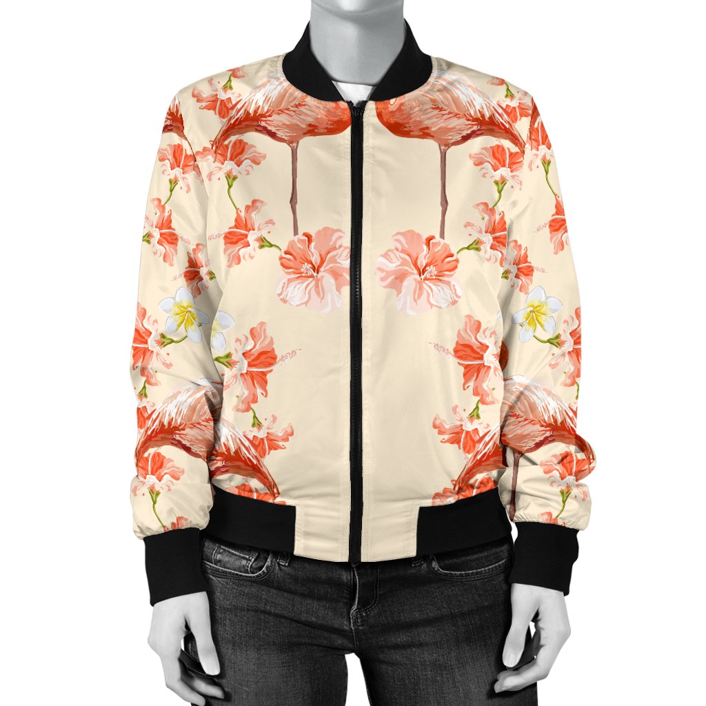 Flamingo Hibiscus Print Pattern Women Casual Bomber Jacket