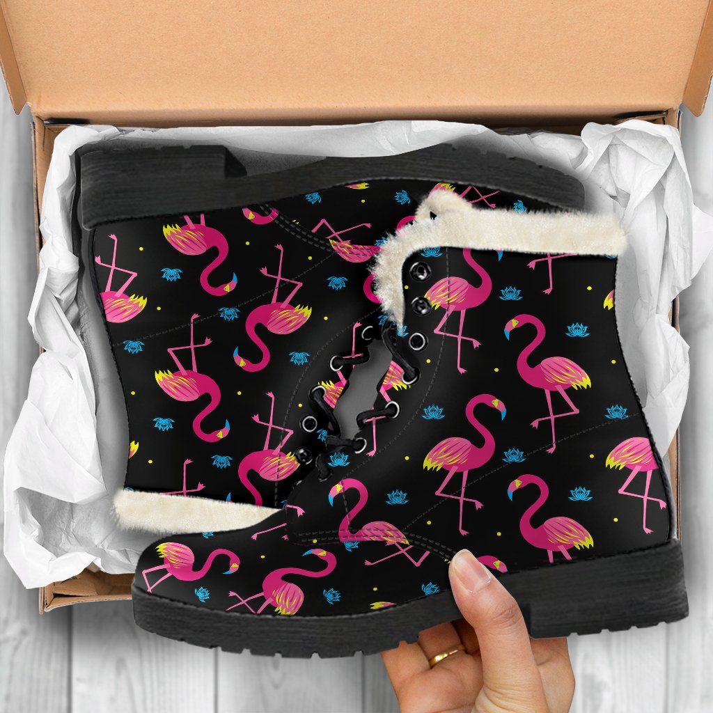 Flamingo Pink Neon Print Pattern Faux Fur Leather Boots-JTAMIGO.COM