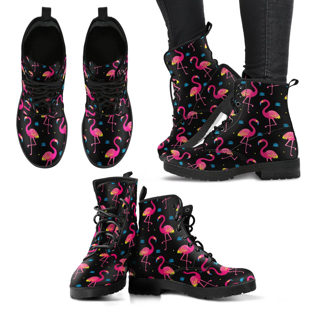 Flamingo Pink Neon Print Pattern Women Leather Boots-JTAMIGO.COM