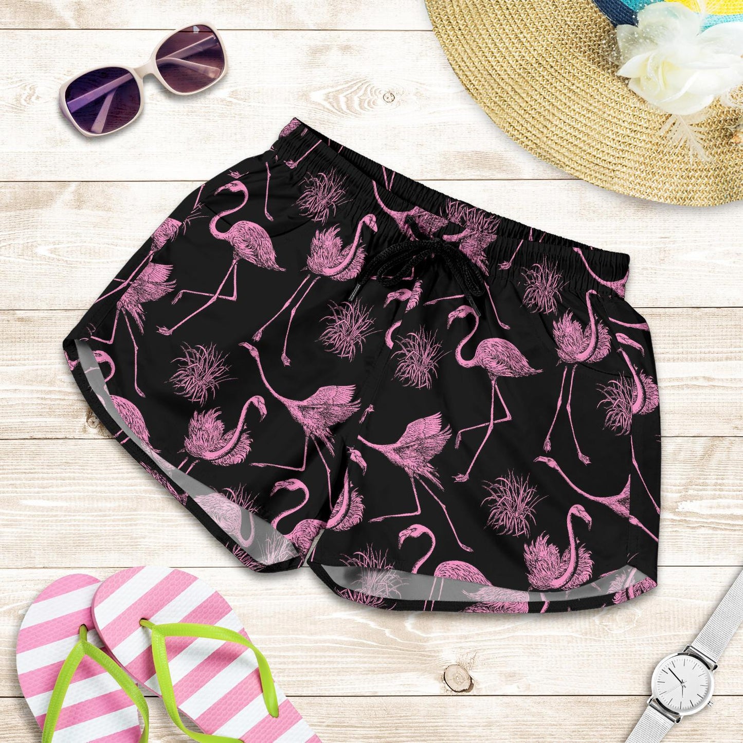 Flamingo Pink Print Pattern Women Shorts-JTAMIGO.COM