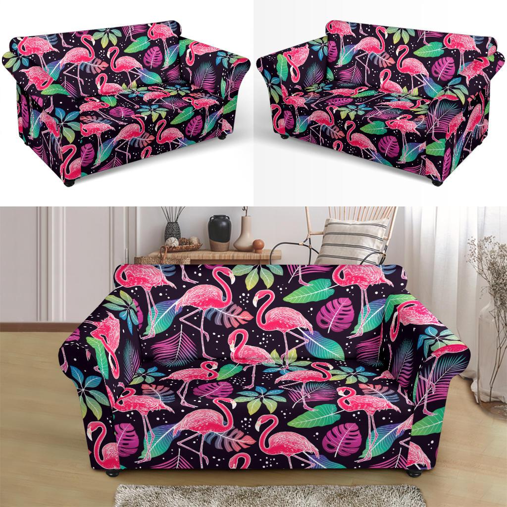 Flamingo Tropical leaves Neon Print Loveseat Slipcover-JTAMIGO.COM